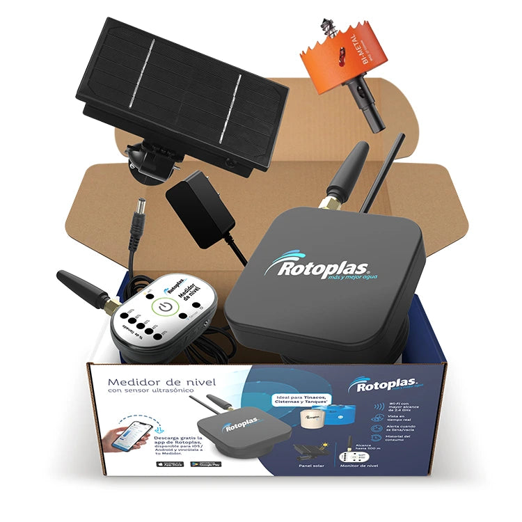 Medidor Rotoplas de nivel de agua con sensor ultrasónico solar — vista frontal
