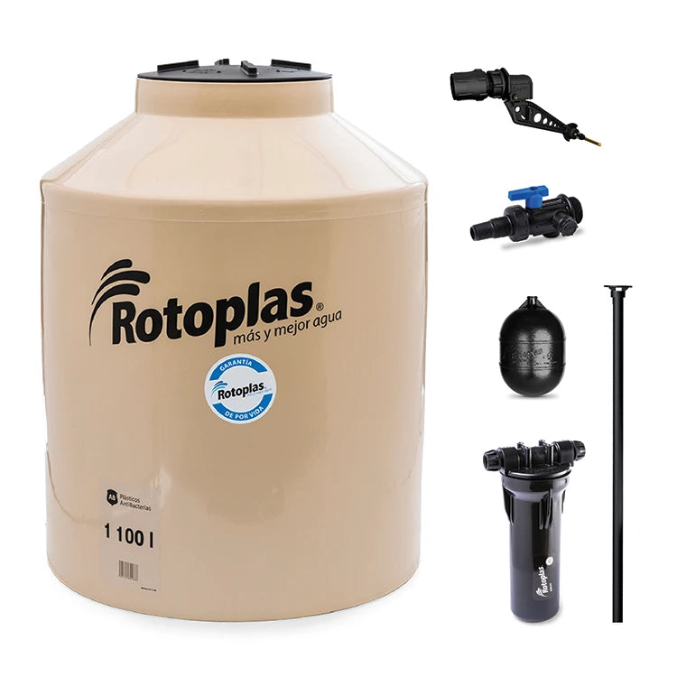 Tinaco 1,100 litros Rotoplas Tricapa color beige + Kit de accesorios (Venta exclusiva en Tuxtla) — vista frontal