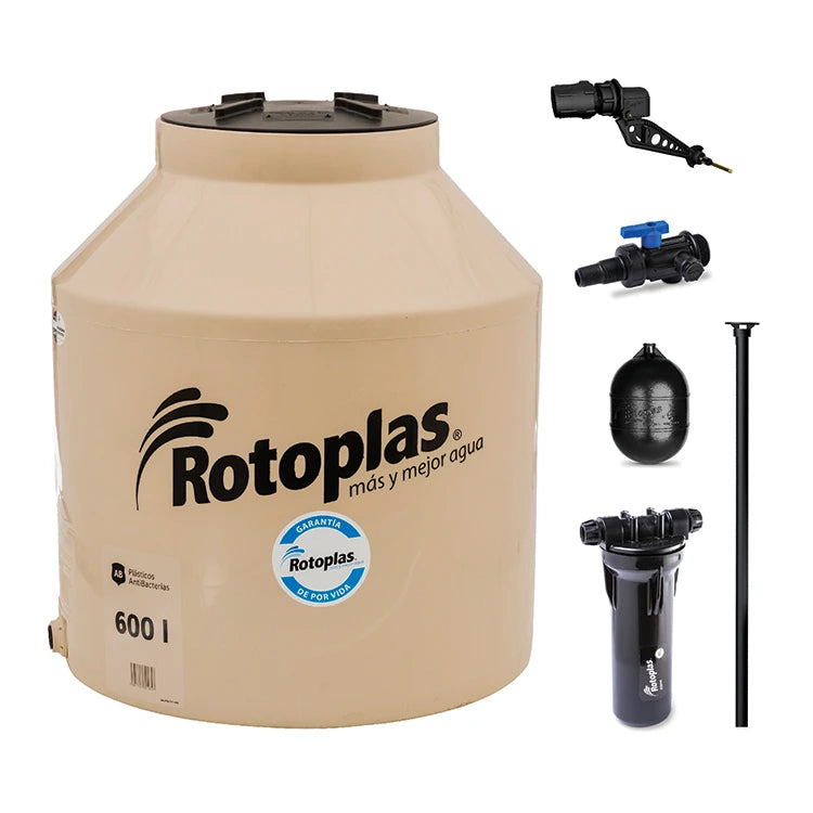 Tinaco 600 lts.. Rotoplas Tricapa color beige + Kit de accesorios (Venta exclusiva en Tuxtla) — vista frontal