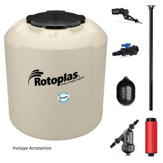 Tinaco 1,100 litros Rotoplas Plus+ equipado color beige — vista frontal