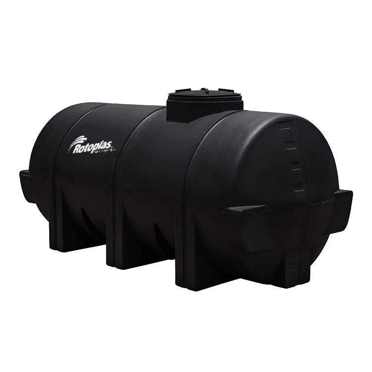 Tanque 2,850 litros Rotoplas horizontal nodriza reforzado al 20% color negro — vista lateral