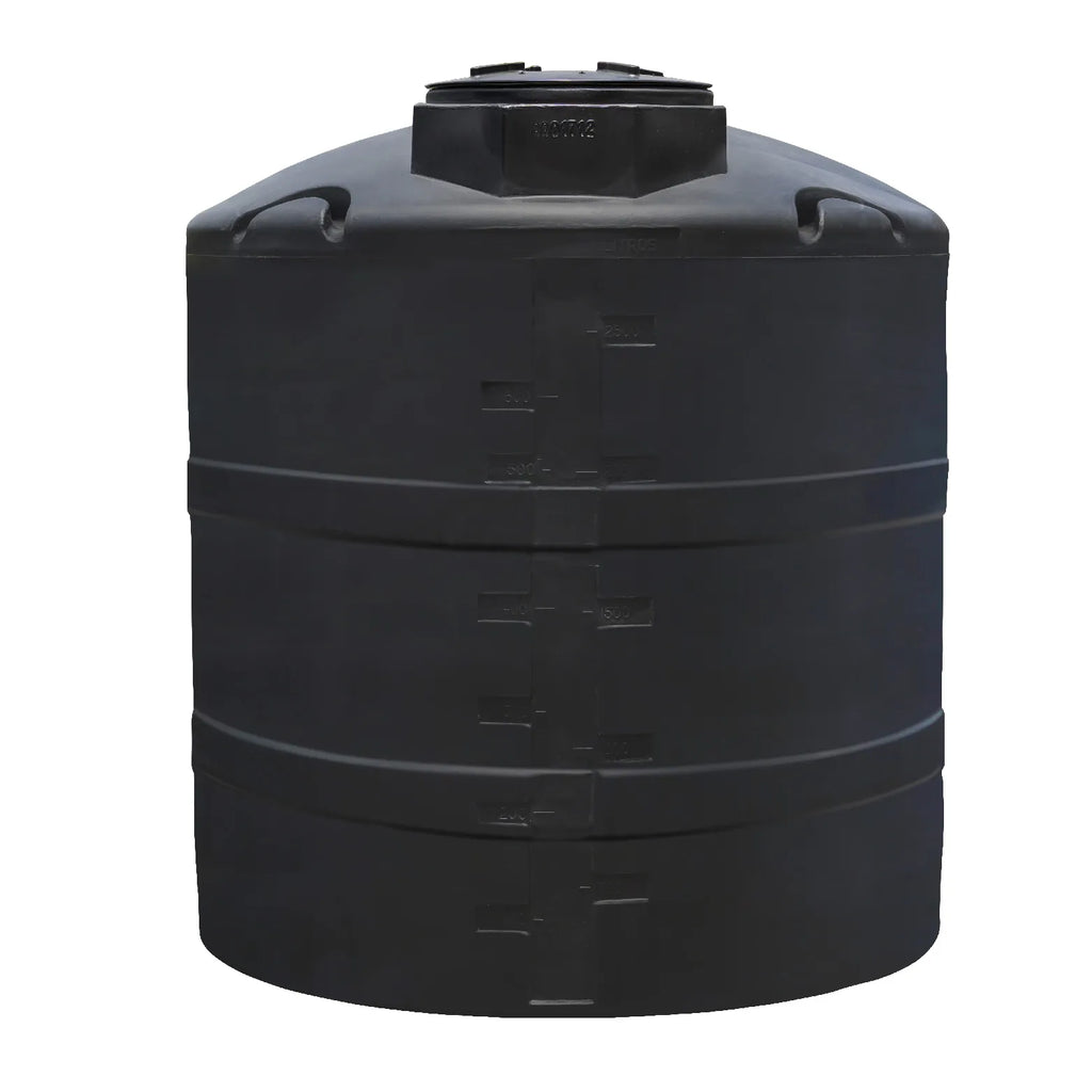 Tanque 2,500 litros Rotoplas vertical estándar color negro — detalle de conexiones