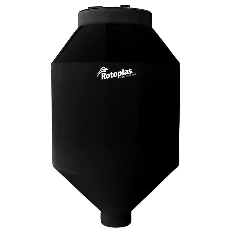 Tolva 600 litros Rotoplas reforzado al 40% con un ángulo de 45° color negro — vista frontal