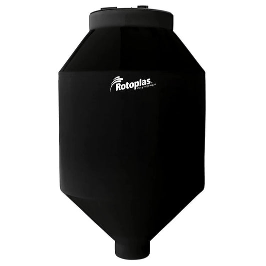 Tolva 600 litros Rotoplas reforzado al 40% con un ángulo de 45° color negro — vista frontal