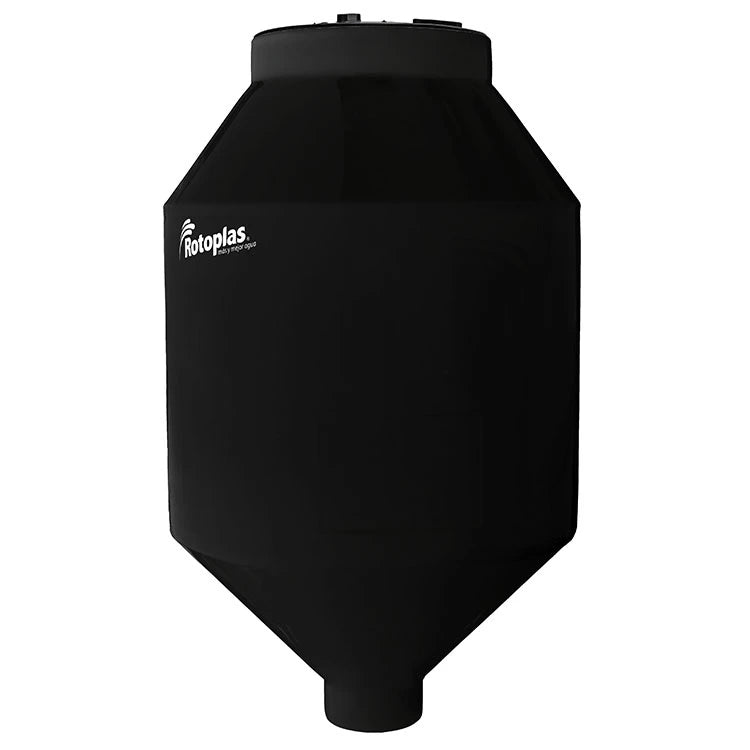 Tolva 600 litros Rotoplas reforzado al 40% con un ángulo de 45° color negro — vista lateral