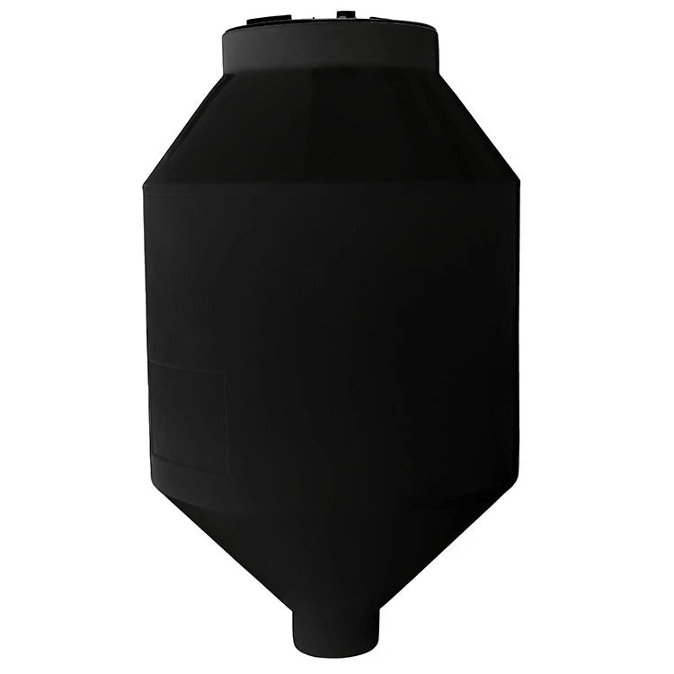 Tolva 600 litros Rotoplas reforzado al 40% con un ángulo de 45° color negro — detalle de conexiones