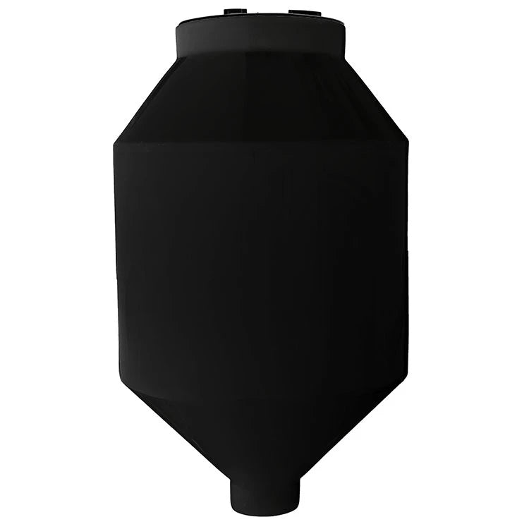 Tolva 600 litros Rotoplas reforzado al 40% con un ángulo de 45° color negro — vista trasera